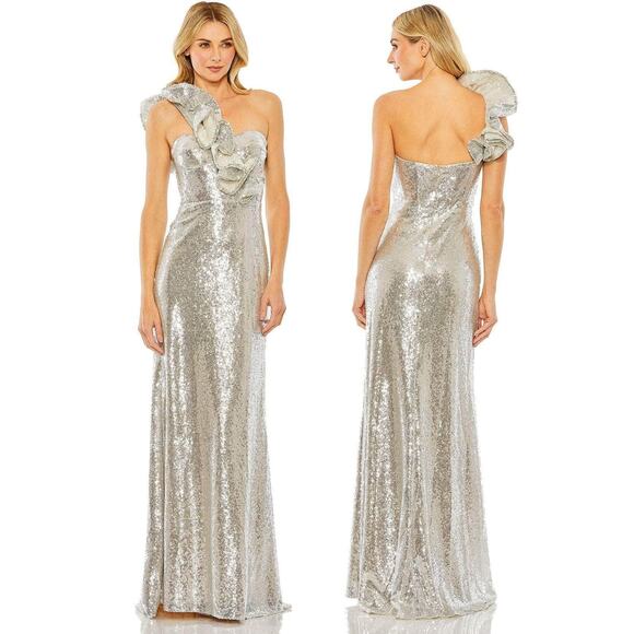 Mac Duggal 68513 Sequin One Shoulder Gown Ruffle Formal Evening Party Silver 10